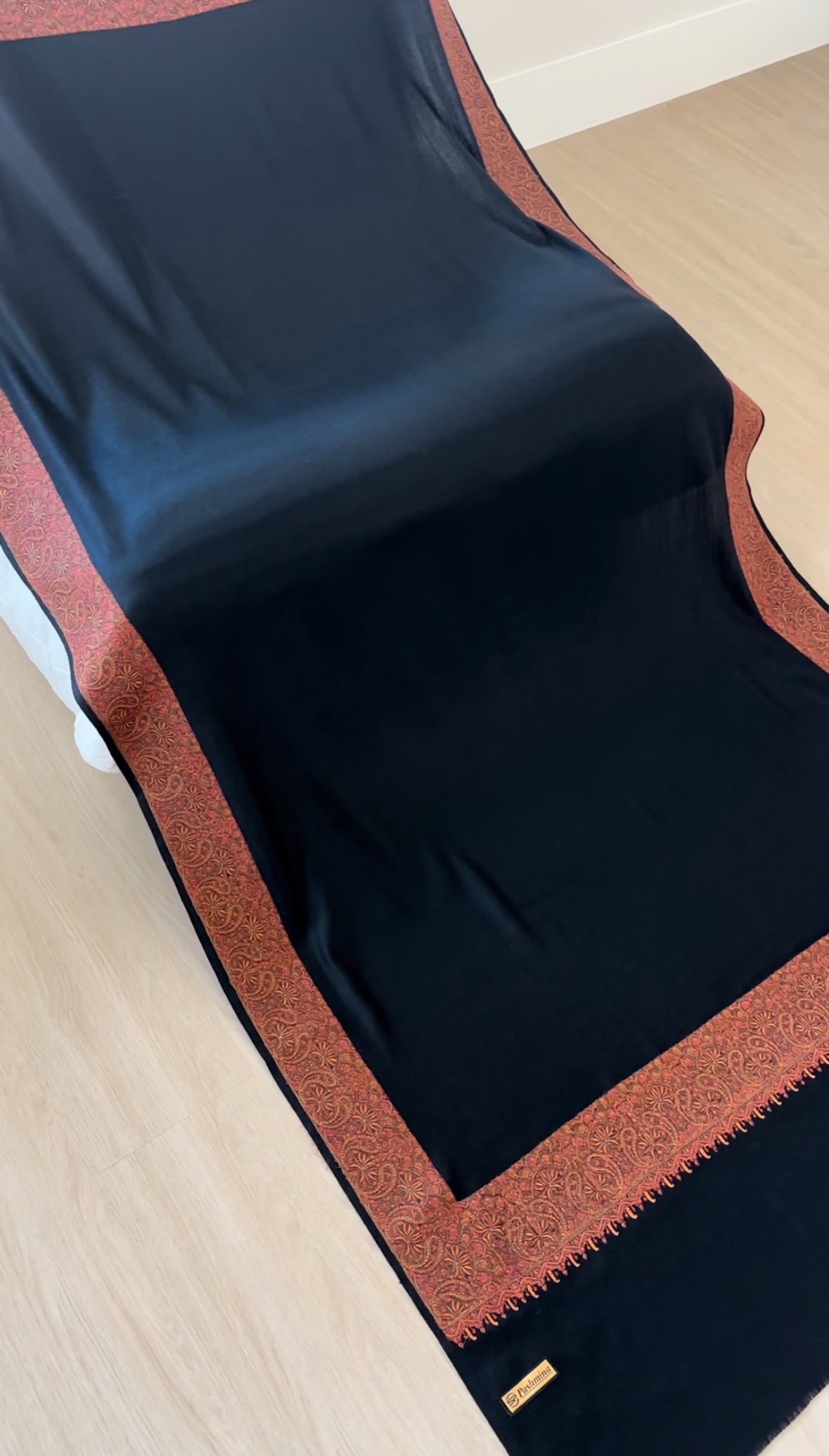 Rust Embroidered Border on Black Pashmina