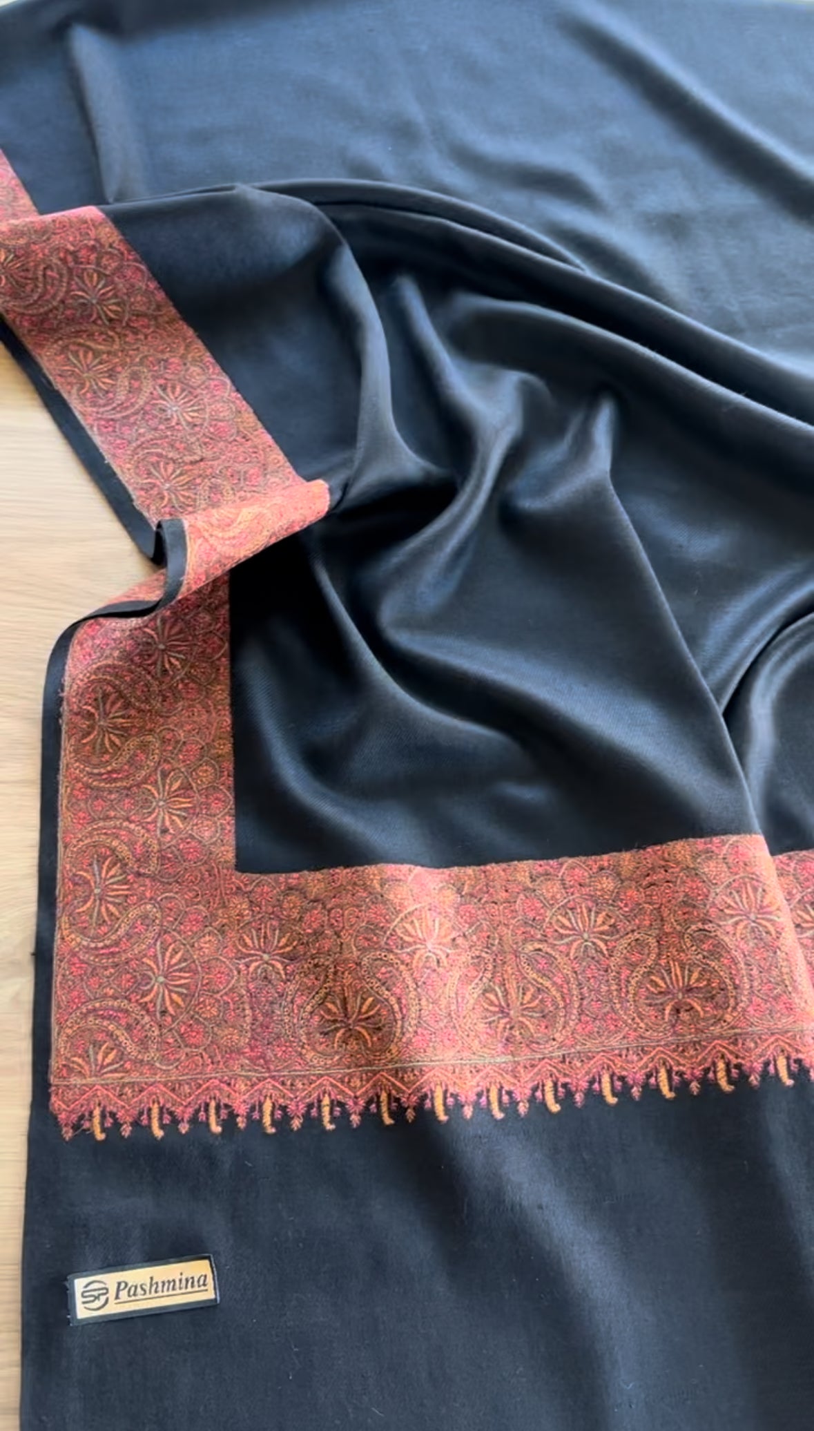 Rust Embroidered Border on Black Pashmina