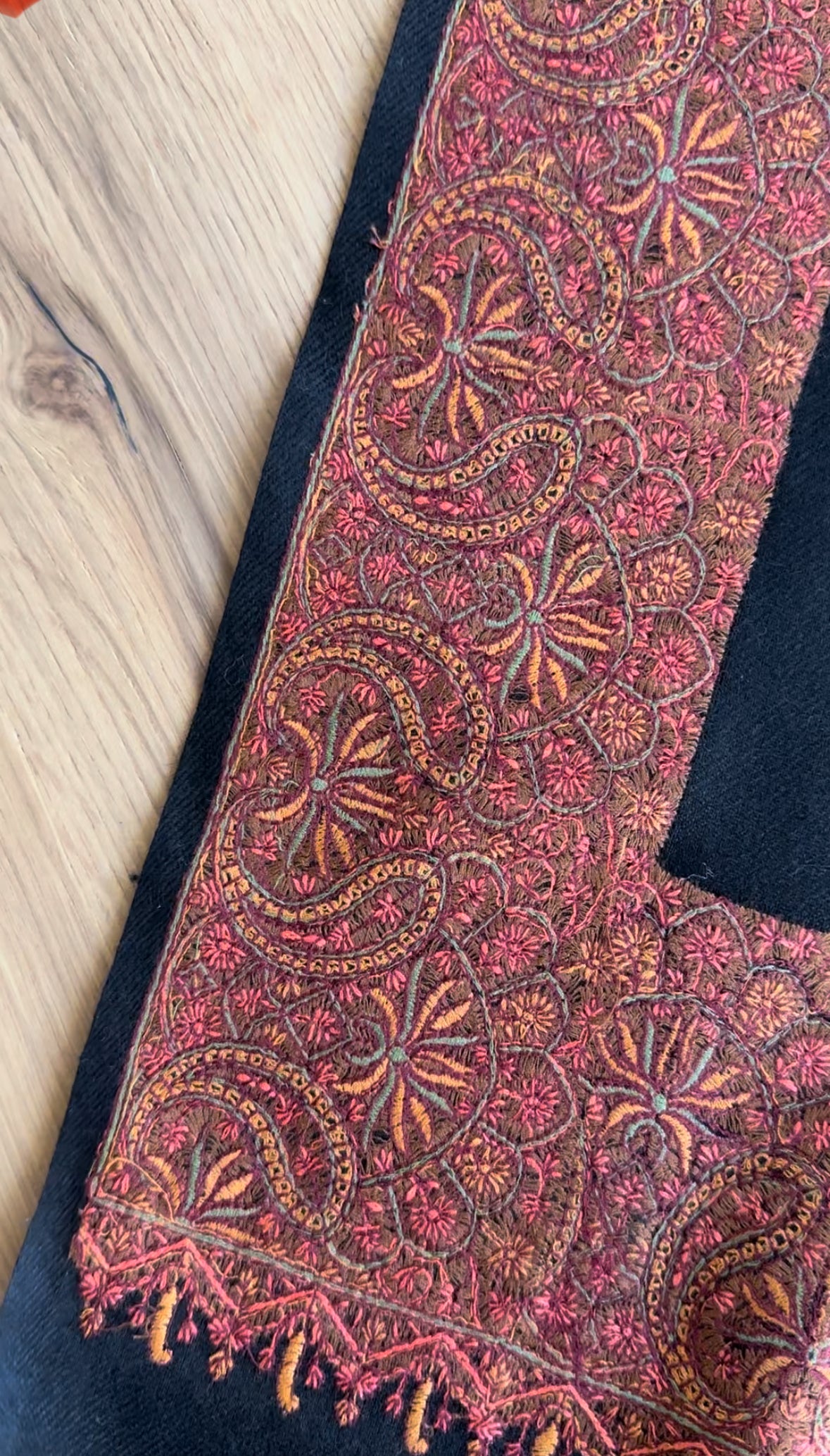 Rust Embroidered Border on Black Pashmina